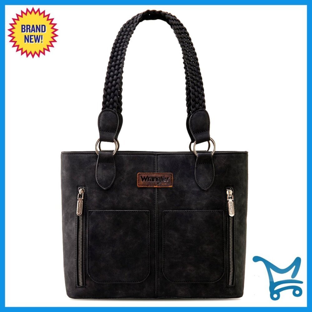 Distressed Tote Bag with Multiple Pockets, Wide Braided Straps